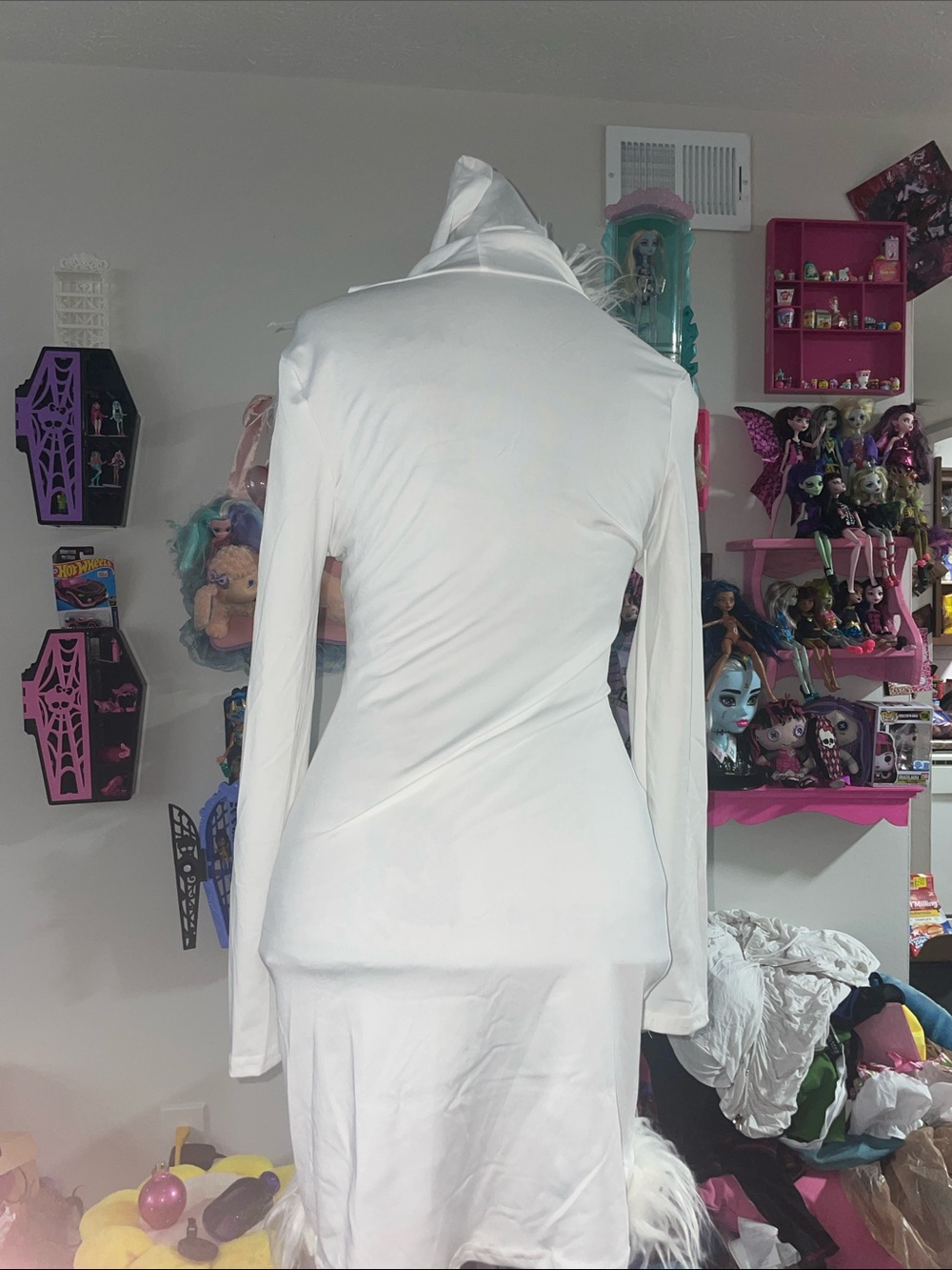 White Faux-Fur Trim Lace-Up Hooded Dress - Picture 3 of 4